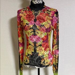 Elegant Floral Mesh Blouse with Long Sleeves